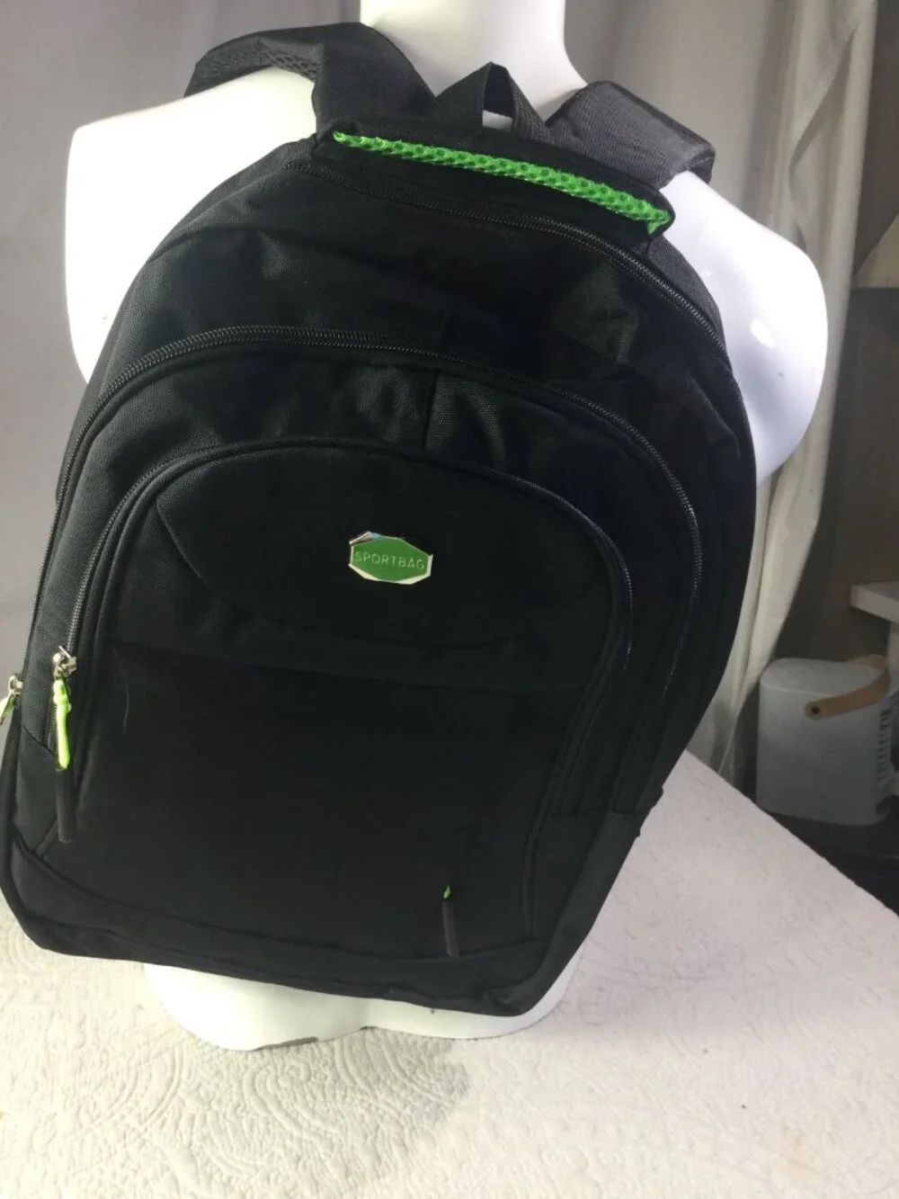 Sportbag Black Backpack*Green Accents* Multiple Compartments* Lightweight*New